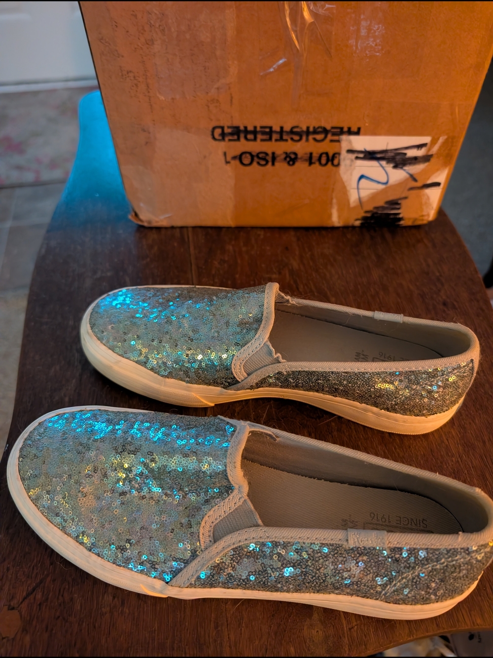 Keds Sequined Slip-On Sneakers in Iridescent Blue-Silver